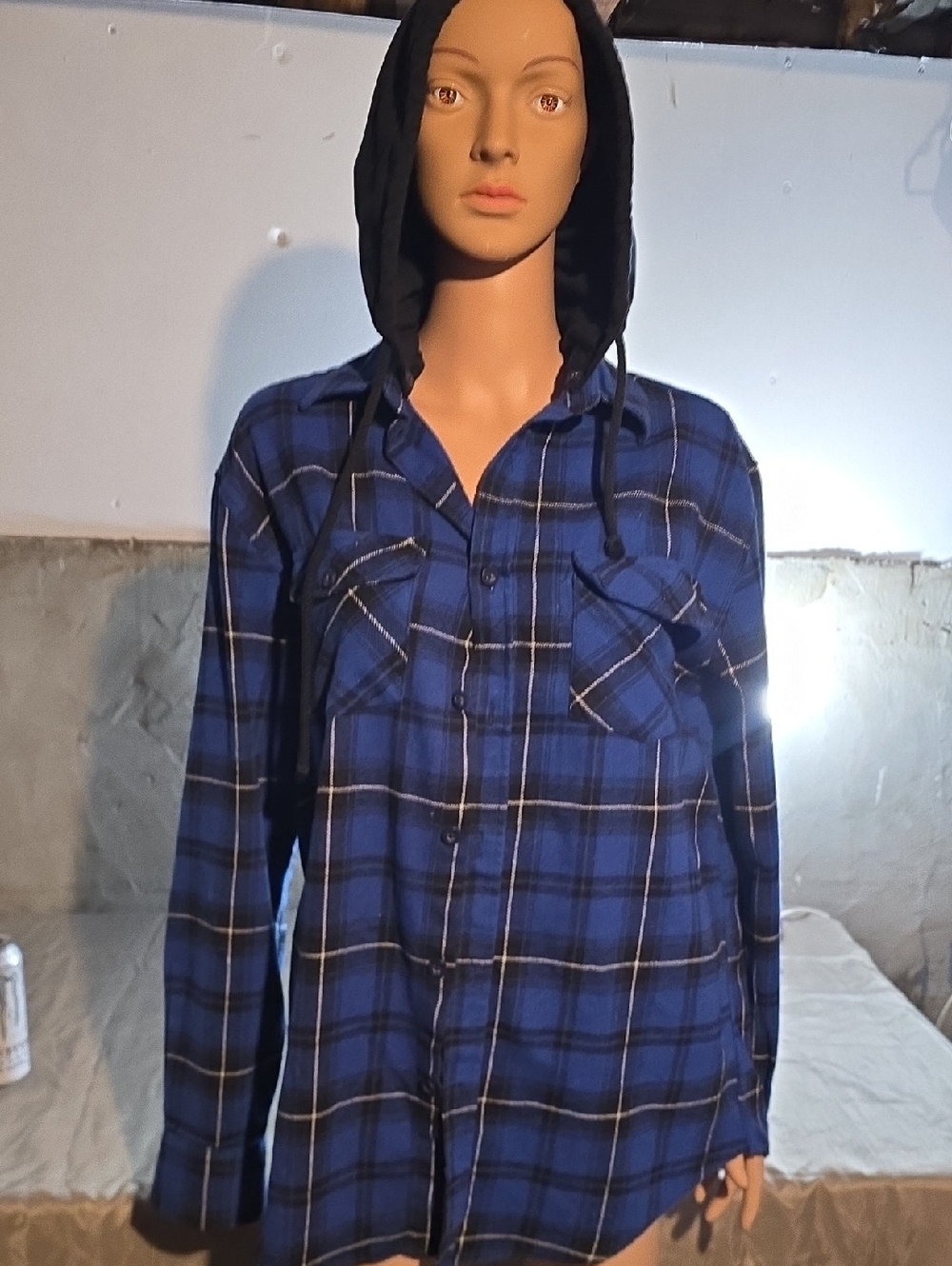 Men's Blue Plaid Lightweight Shirt Jacket - Hooded